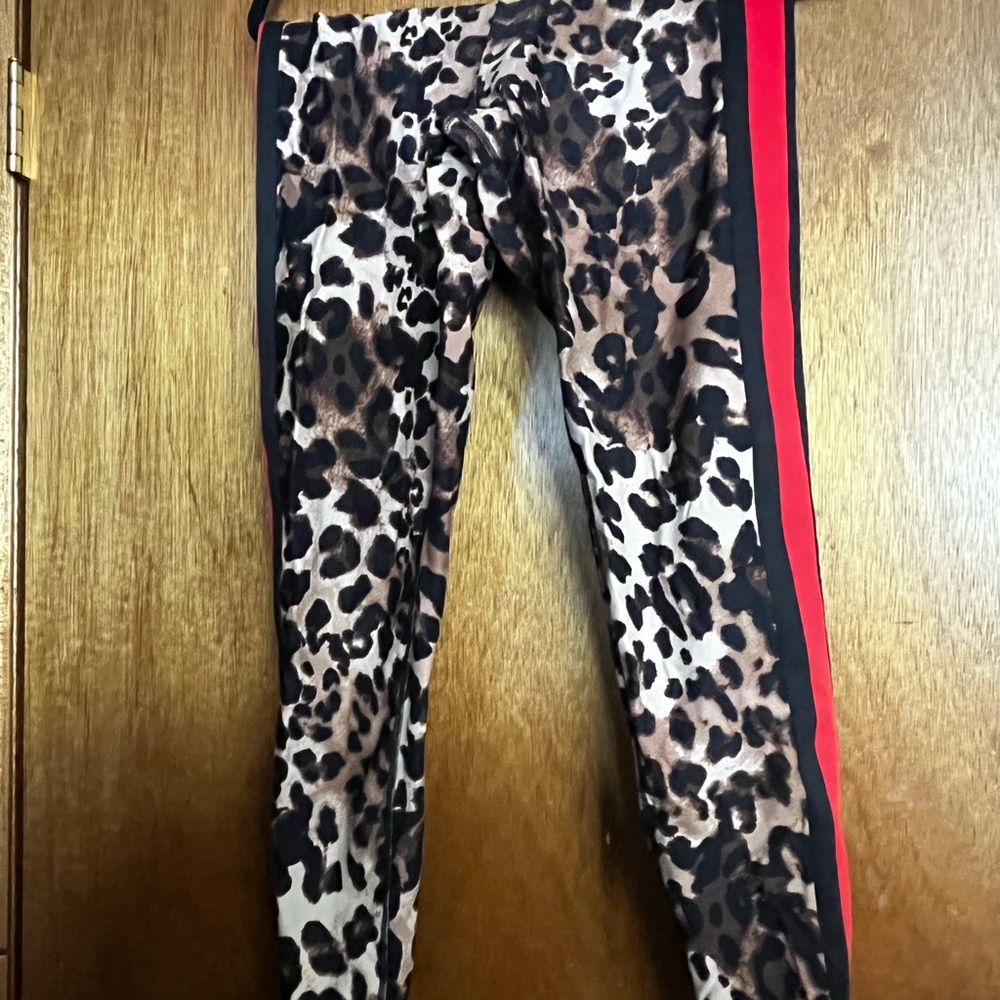 Calvin Klein Leopard Print Leggings with Black and Red Side Stripes